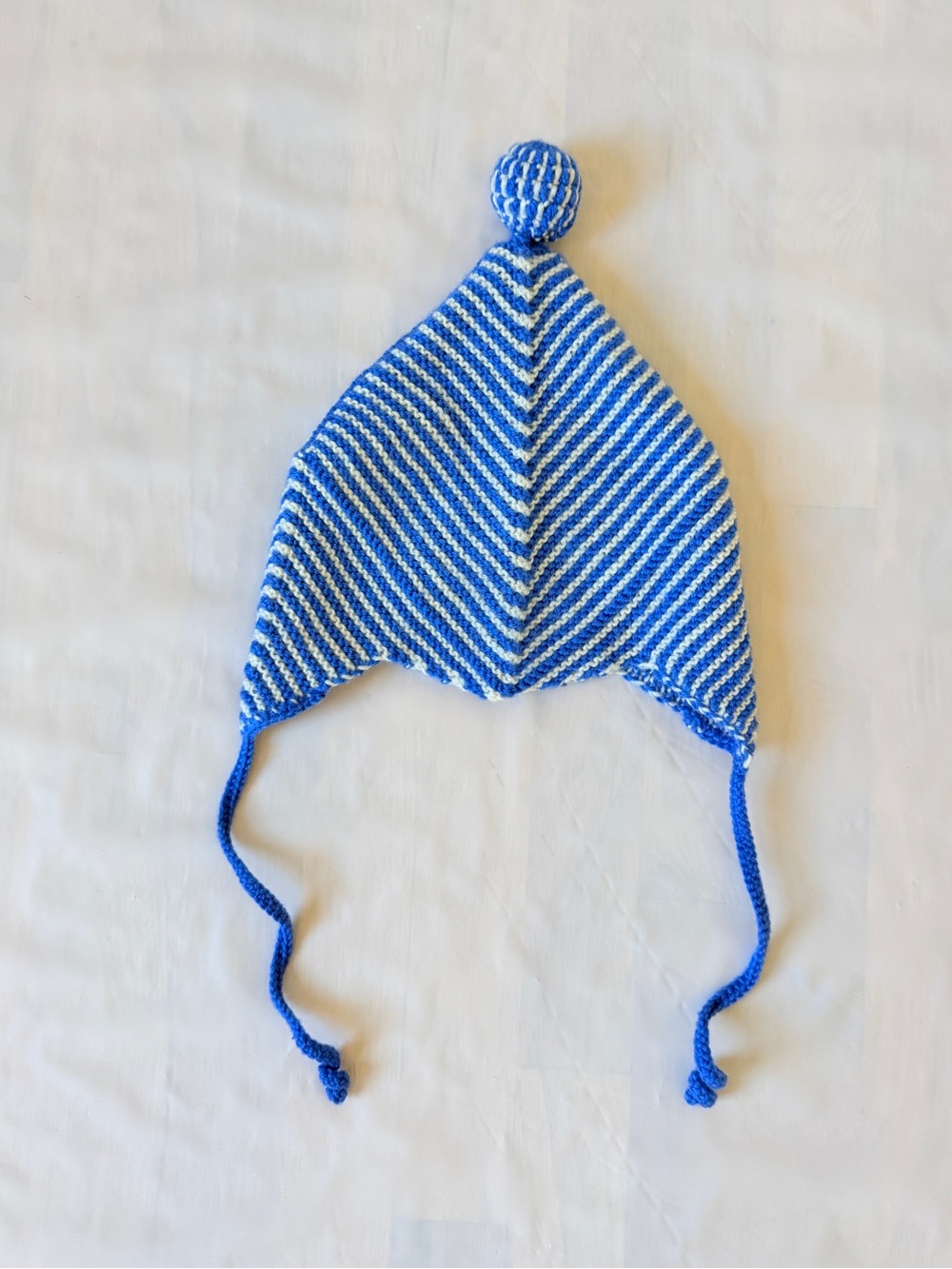 100% wool Pixie Bonnet Pom hat Blue White Striped Earflap one size Unisex